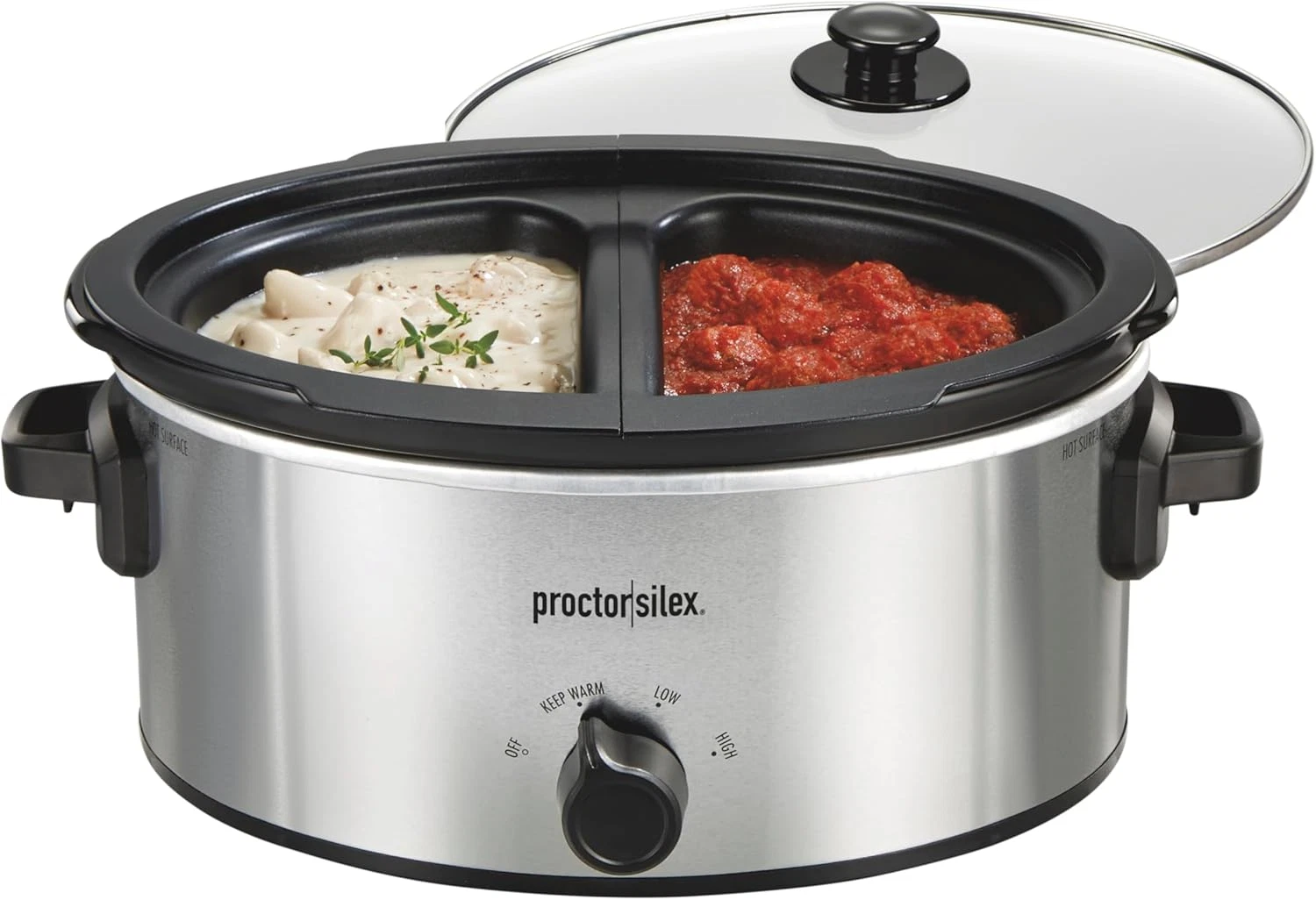 Double Dish Slow Cooker with 6Qt Crock and Dual 2.5Qt Nonstick Insert to Cook Tw