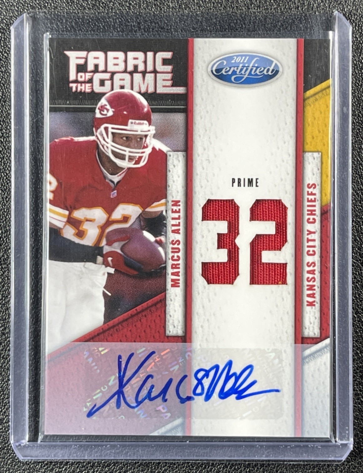 MARCUS ALLEN 2011 CERTIFIED #92 FABRIC OF THE GAME JERSEY # AUTO PRIME RELIC /10