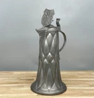 Vintage Antique Pewter Flagon Pitcher Fish Dragon Coat Of Arms Maker Marks Woman
