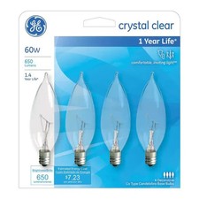 GE Crystal Clear CA Type Candelabra Base 60W 4ct Light Bulbs