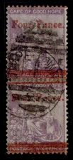 Cape of Good Hope QV SG27 + 27b, 4d on 6d  Fonr variety in PAIR, FU. Cat £722.