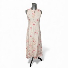 Vintage Cottagecore Pink Linen Maxi A-Line Watercolor Floral Sleeveless Dress XS