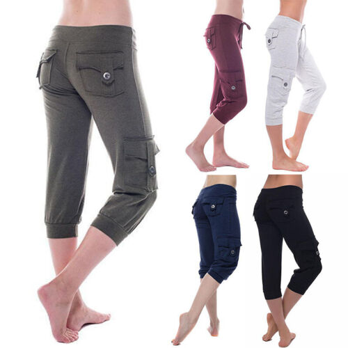 Women Drawstring Capri Sweatpants Sports Cargo Cropped Pants Joggers Trousers ` - Afbeelding 1 van 17