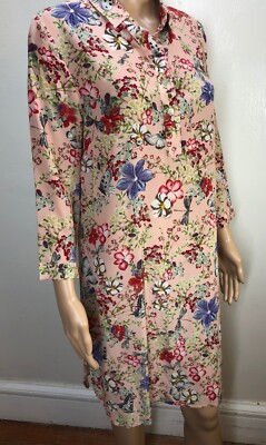 Joyce & Girls 100% Silk Sheath Dress Sz M 1/4 Button Placket 3/4 Sleeves Collar