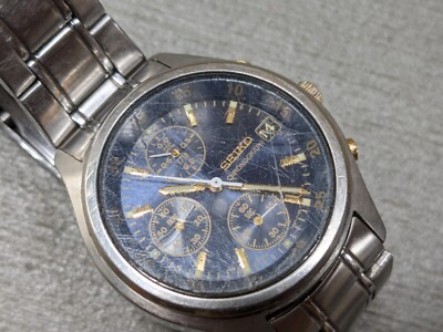 SEIKO V657-7100 Chronograph Steel Blue Wristwatch Vintage 100M