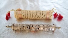 Vintage Silver Plated Ornate Prayer Scroll Case and Crochet Cover Hand Made