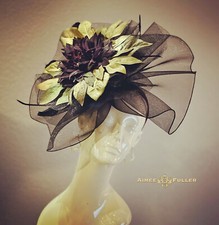 Holiday KY Derby Ascot Fascinator Big Hat Black Eggplant Dark Purple Gold Leaf