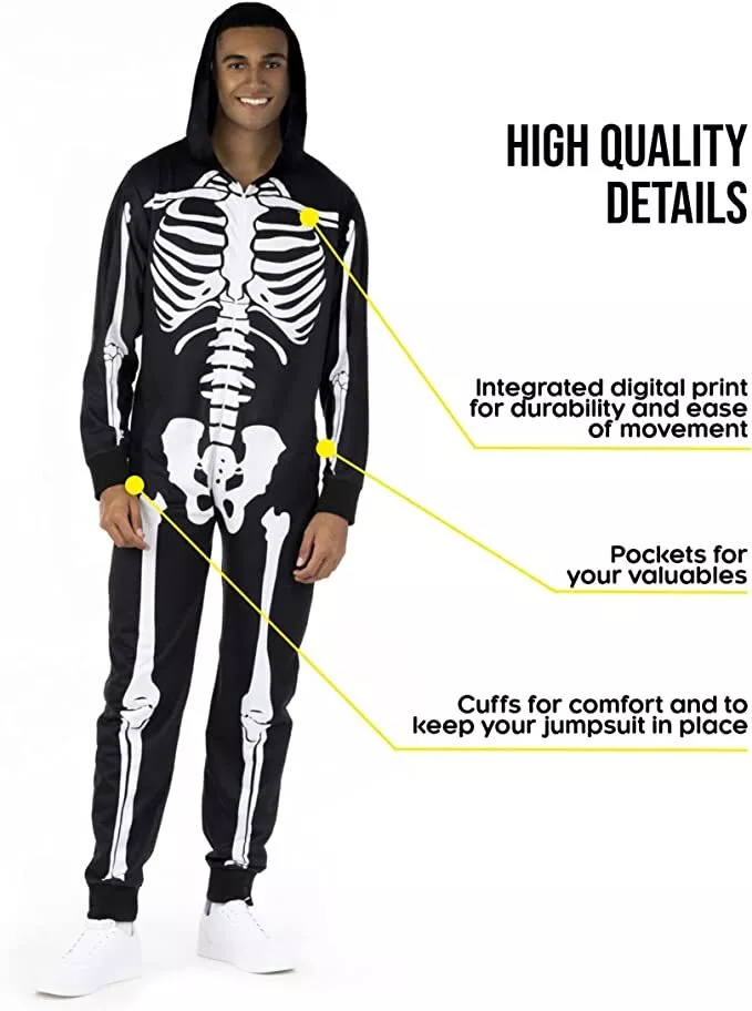 Men s Skeleton Costume Adult One Piece Halloween Pajama Jumpsuit M