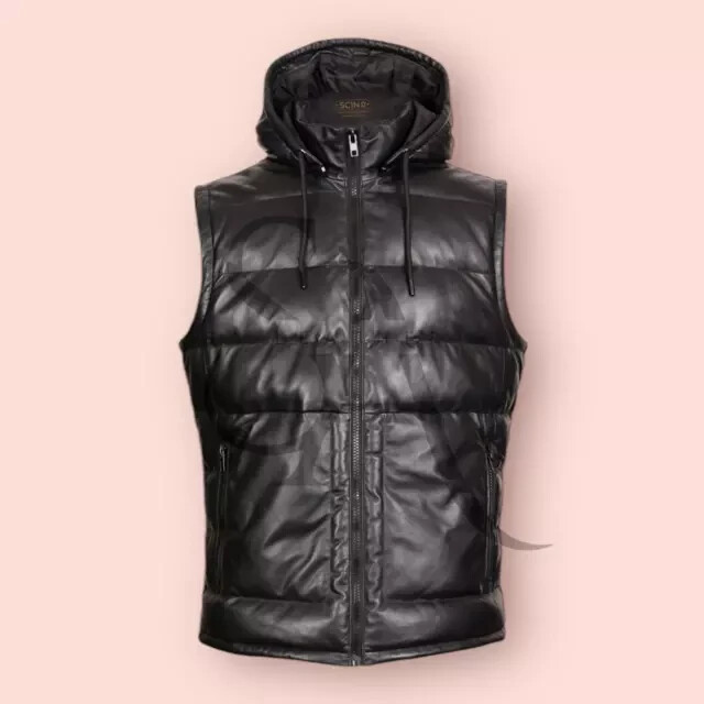 Men Black Lambskin Leather Sleeveless Puffer Jacket