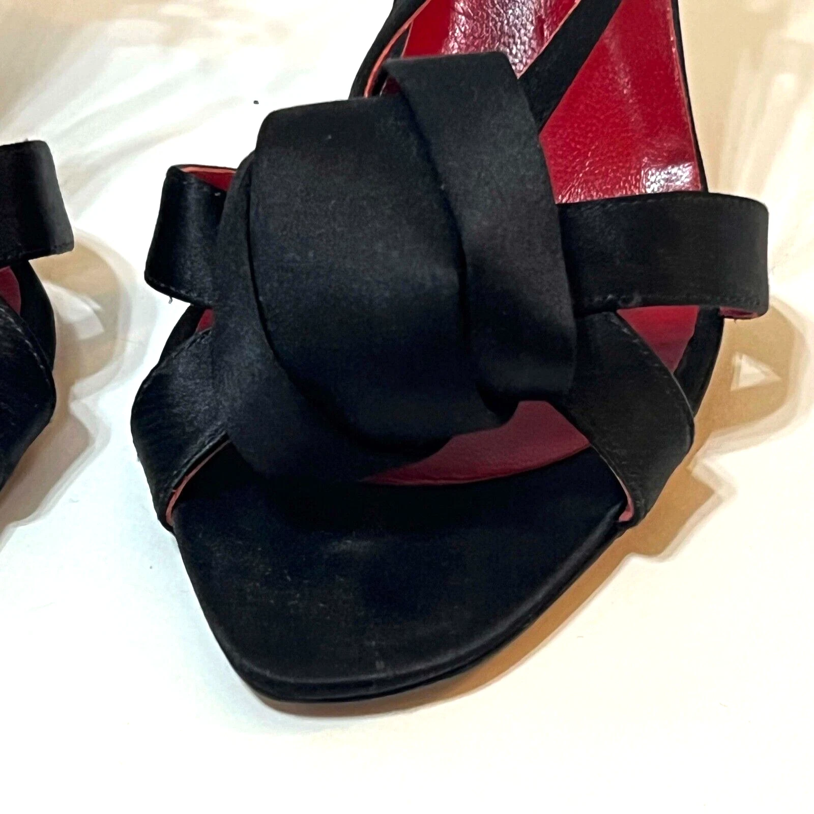 SANDALI MOSCHINO tacco alto abito formale nero raso punta aperta tg US 7 EU 38 fiocchi