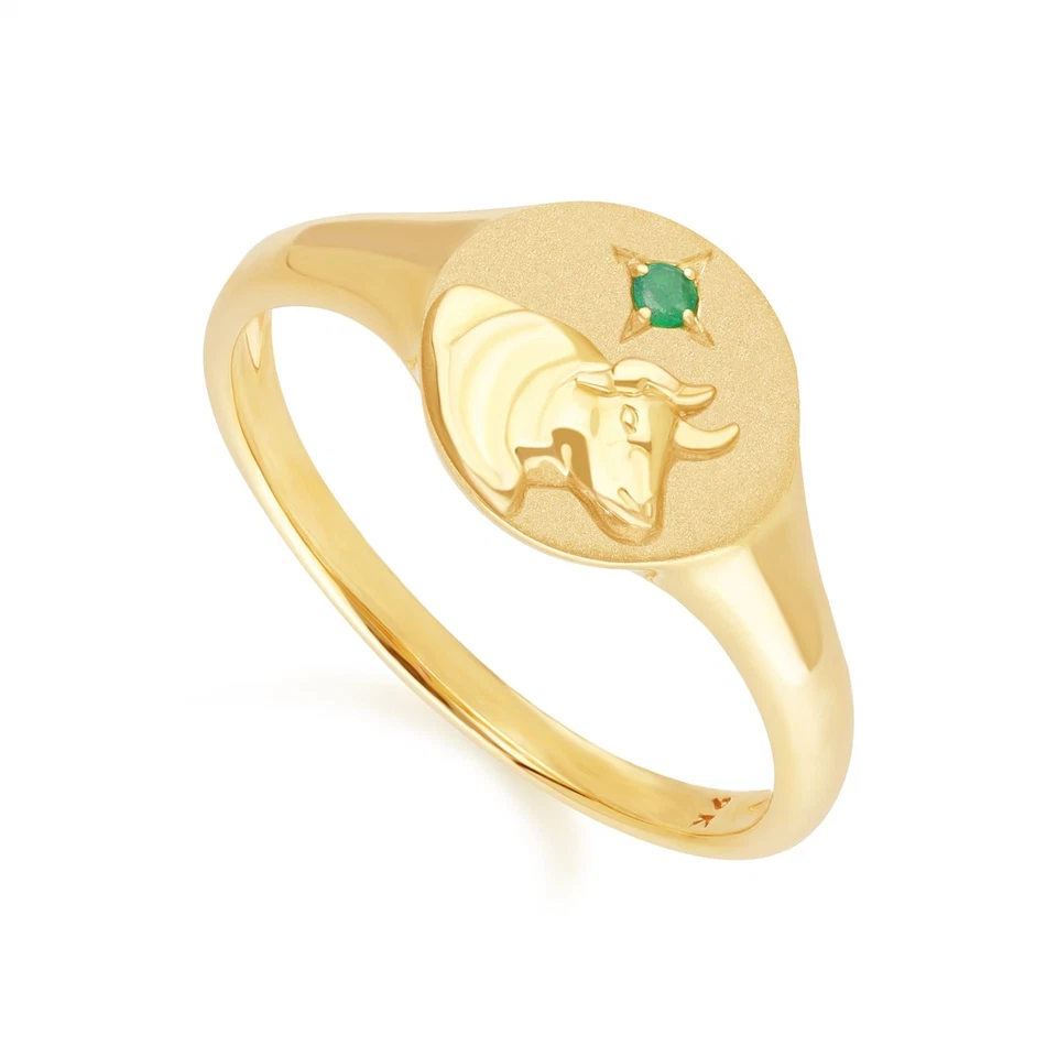 Zodiac Emerald Taurus Signet Ring In 9ct Yellow Gold — 第 3/4 张图片