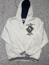 Vintage 1990s Disney Mickey Mouse gray hoodie with black white striped cuffs