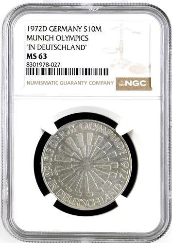 Germany 10 Mark 1972 D NGC MS63 UNC Silver Munich Olympics