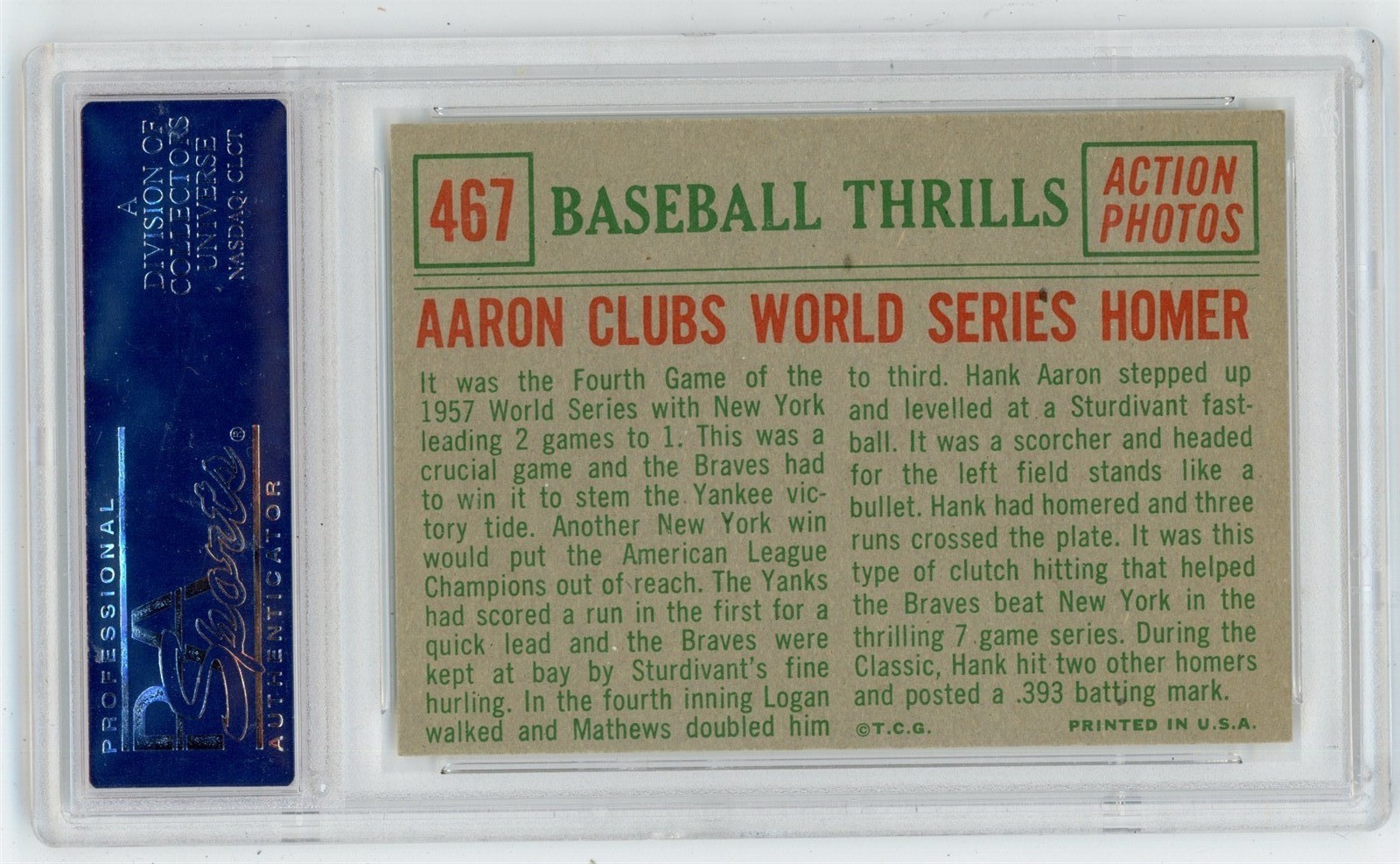 1959 Topps Baseball HANK AARON #467 Thrills Vintage HIGH GRADE PSA 8 NM-MINT K10 view 2