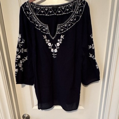 Talbots Floral Woven Embroidered Scoop Neck Blouse 3/4 Sleeve 1X Plus