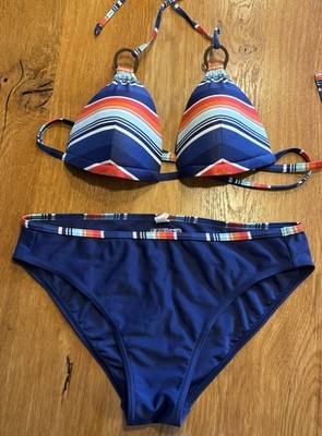 Esprit Damen Bikini 2-teilig Triangel Neckholder gestreift blau Logo Gr. 38