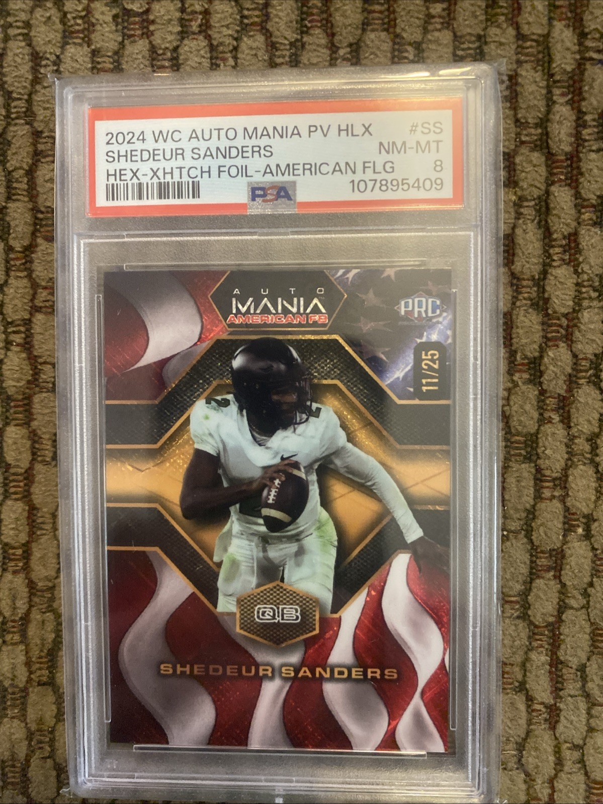 Shedeur Sanders 2024 WC Auto Mania PV HLX Card. PSA 8 