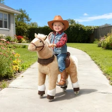 Qaba Ride on Horse for Kids 3-5 Years, 31.5 Inch Plush Riding Pony, Brown