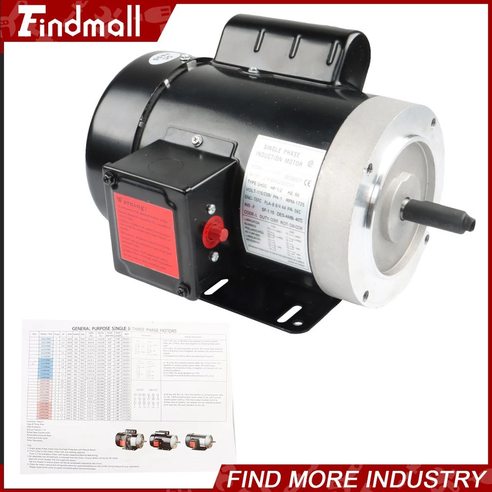 Findmall 1/2HP 56C 1725RPM General Purpose Electric Motor Single Phase TEFC 60HZ - Image 3 of 4