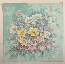 Vtg Hankie 14.5x14.5 Floral, turquoise bkgrd pink/purple/yellow flowers H492