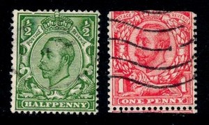Great Britain Scott #157-158 Used 1912 Yellow Green & Scarlet King George V