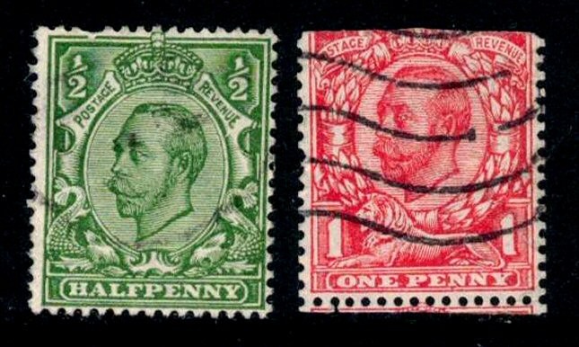 Great Britain Scott #157-158 Used 1912 Yellow Green & Scarlet King George V