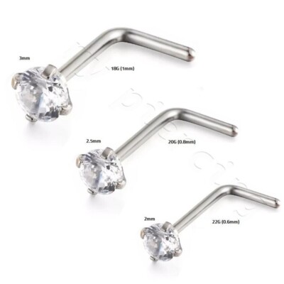 2pcs. 22g 20g 18g 2mm Round CZ Prong Set Surgical Steel L-Shaped Nose Ring Stud