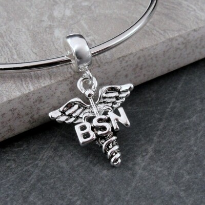 Silver BSN Caduceus Dangle Charm Bachelor of Nursing Large Hole