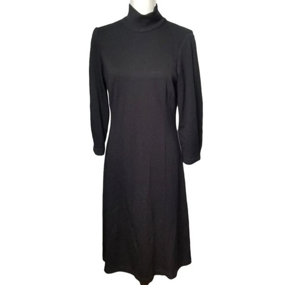 W Worth Black Mock Neck 100% Wool Midi A-Line 3/4" sleeves Shift Dress Size 8 - Image 2 of 4