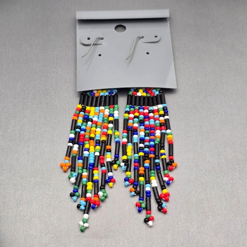 Native Multicolor Seed Beaded Drop Chandelier Tassel Earrings 4" Fishhook Boho - Picture 3 of 5