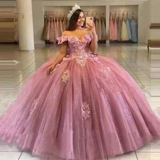 Pink Quinceanera Dresses Off Shoulder Lace 3D Flowers Beaded Ball Gowns Sweet 16