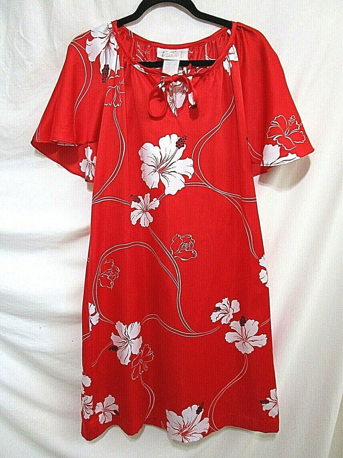 VTG Hilo Hattie Red Polyester Hawaiian Floral Mid… - image 1