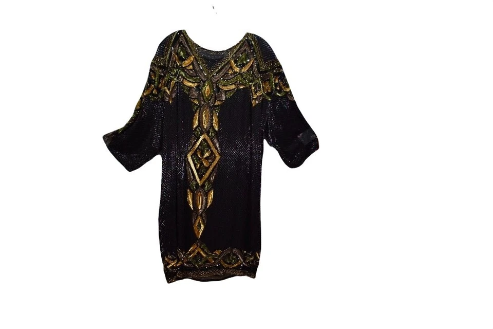 Vestido de noche formal vintage Oleg Cassini con cuentas de seda manga 3/4 hasta la rodilla M Foto 2 de 4