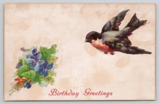 Postcard c1910 Birthday Greetings Flower Bouquet Bird Embossed