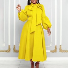 Women's Spring Elegant Bow Tie Puff Sleeve A-Line Swing Party Dress Midi Dress