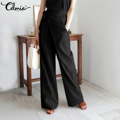 Damen High Waist Wickelhose Lange Hose Freizeit Locker Weites Bein Damen Palazzo - Bild 14 von 23