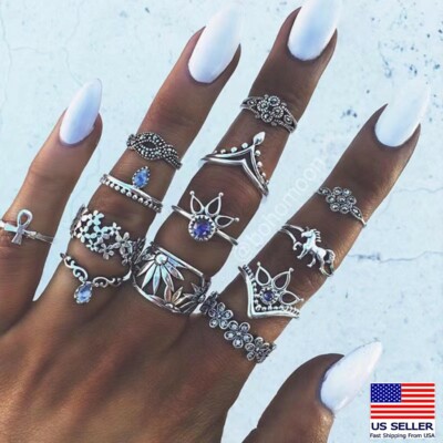 13PC Pop Boho Retro Finger Rings Set Flowers Unicorn Sun Cross Style Ring 0527