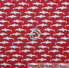 BonEful Fabric FQ Cotton Quilt Red White Shark Ocean Fish Sea food Calico Boy US