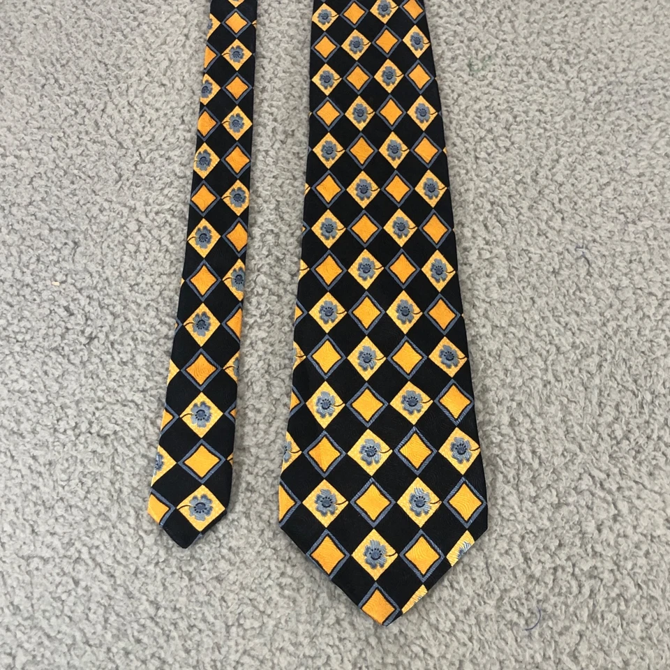 Corbata IKE BEHAR 59" seda azul y oro patrón diamante con flores Foto 3 de 4