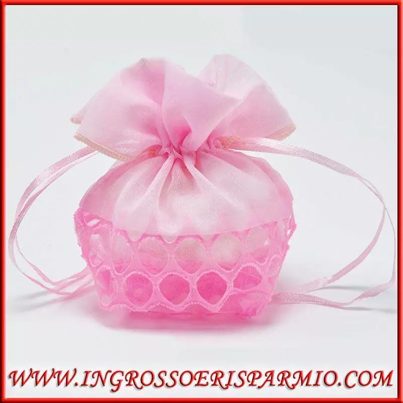 Sacchetti porta confetti in organza rosa bomboniere nascita bimba 13x10cm