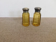 Vintage Amber Glass Etched Salt & Pepper Shaker Set