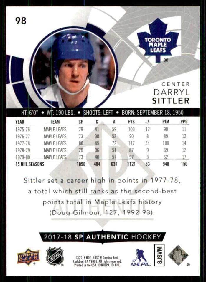 2017-18 Upper Deck SP Authentic Darryl Sittler #98 - Image 2 of 2