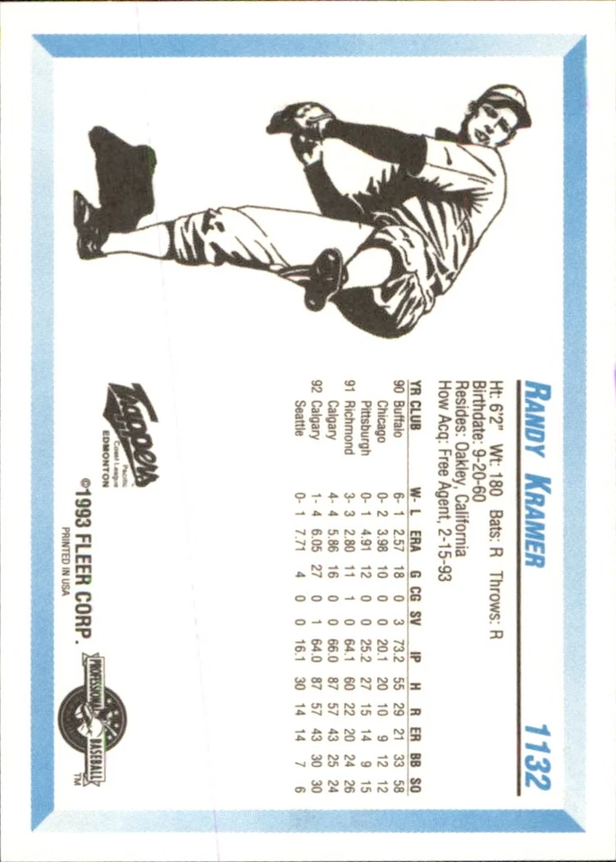 Randy Kramer 1993 Fleer ProCards #1132 RC Edmonton Trappers *AutographDen* - Image 2 of 2