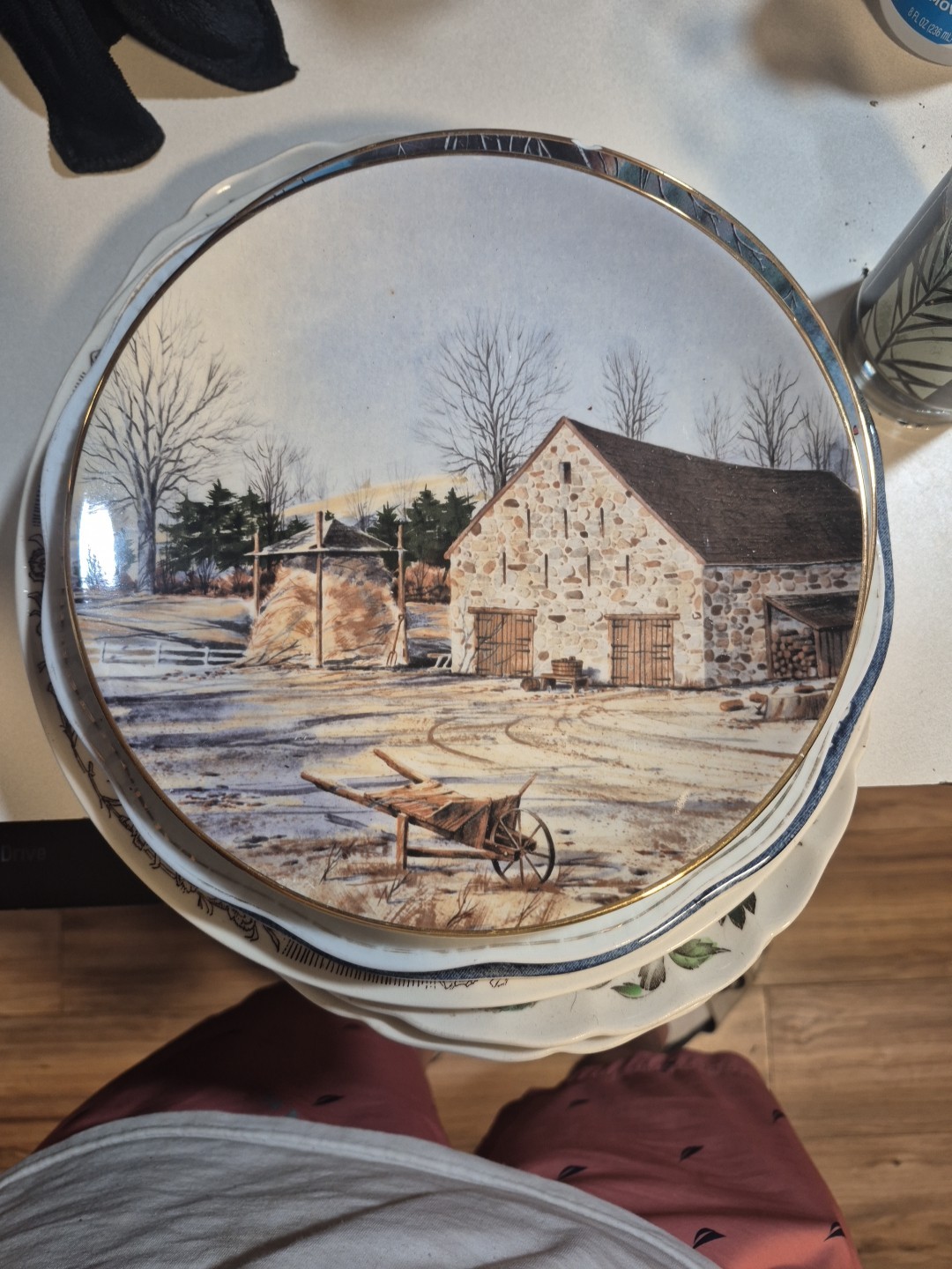 Vintage 1980 Byron Molds 12.75 in 3D Ceramic Wall Plate~Barn In Winter Scene