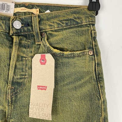 Rare Levi s PREMIUM Wedgie Straight Button Fly BIG E Yellow Wash Blue Jeans W24
