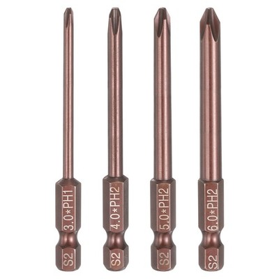 4pcs PH1+PH2 Phillips Screwdriver Bit 1/4'' Hex Shank 3'' Long Magnetic Brown
