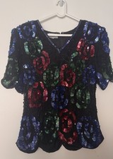 Vintage Stenay Colorful Sequin Scalloped Top  XL 100% Silk Evening Classic