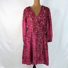 LOFT Wrap Dress Womens 6 Magenta New Metallic Burnout Velvet Damask Long Sleeve