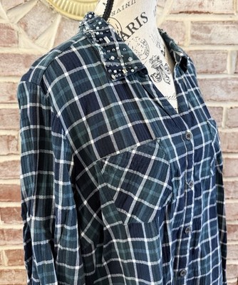 db Established 1962 Women s 2X Button Down Shirt Plaid Navy Green Beaded B46