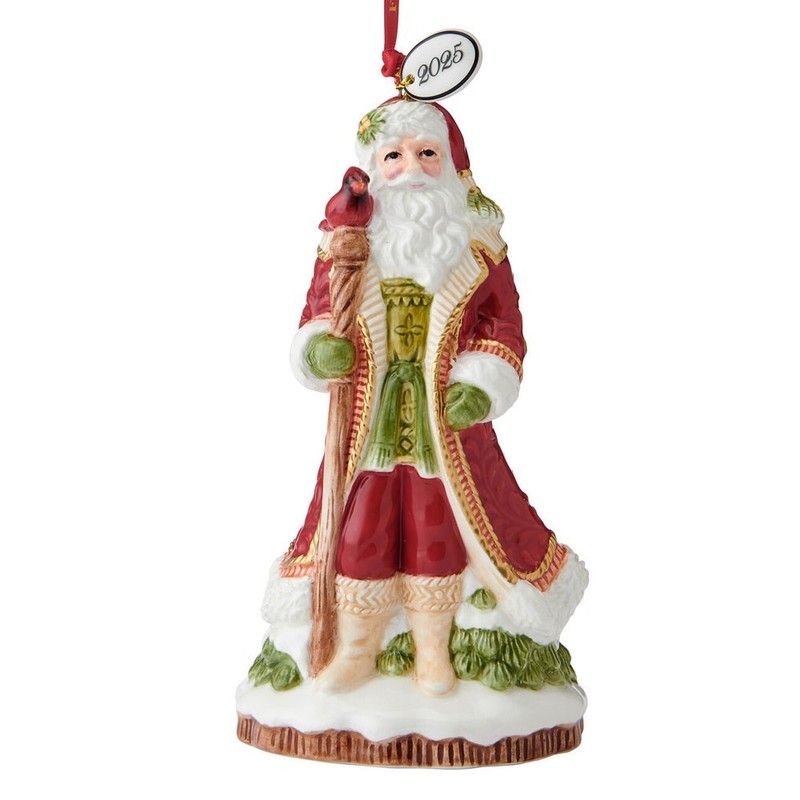 NEW 2025 Fitz and Floyd Holiday Poinsettia Santa Porcelain Bell Ornament #121586